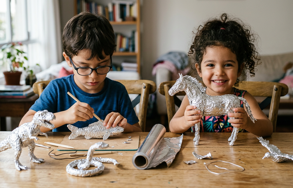 Sculpting a Shiny Aluminum Foil Menagerie — Arts & Crafts activity for ages 3–8 years (indoor, 30 min)