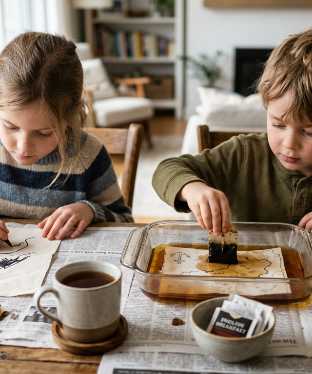 Tea-Stained Fabric Maps of Forbidden Realms — Fantasy & Characters activity for ages 5–10 years (indoor, 45 min)