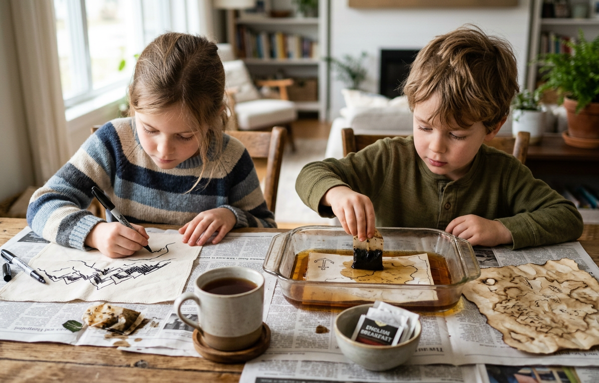 Tea-Stained Fabric Maps of Forbidden Realms — Fantasy & Characters activity for ages 5–10 years (indoor, 45 min)