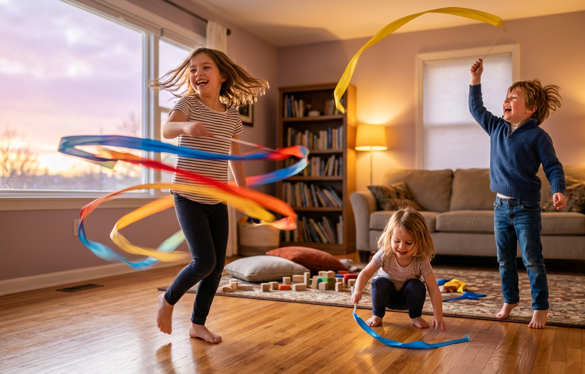 Weather Report Ribbon Wand Freeze Dance — Movement activity for ages 3–8 years (indoor, 30 min)
