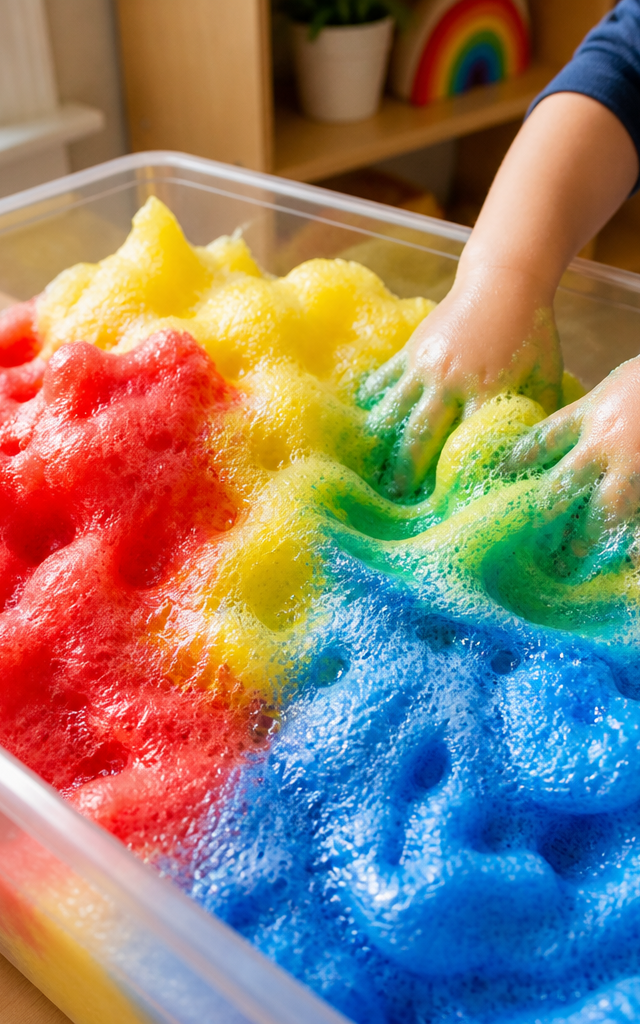 Soapy Suds Color Mixing Foam Mountain — Sensory Play activity for ages 4–7 years (indoor, 45 min)