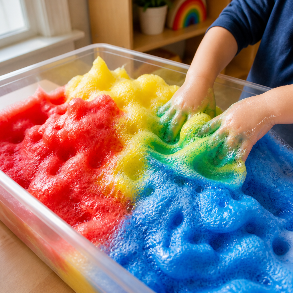 Soapy Suds Color Mixing Foam Mountain — Sensory Play activity for ages 4–7 years (indoor, 45 min)