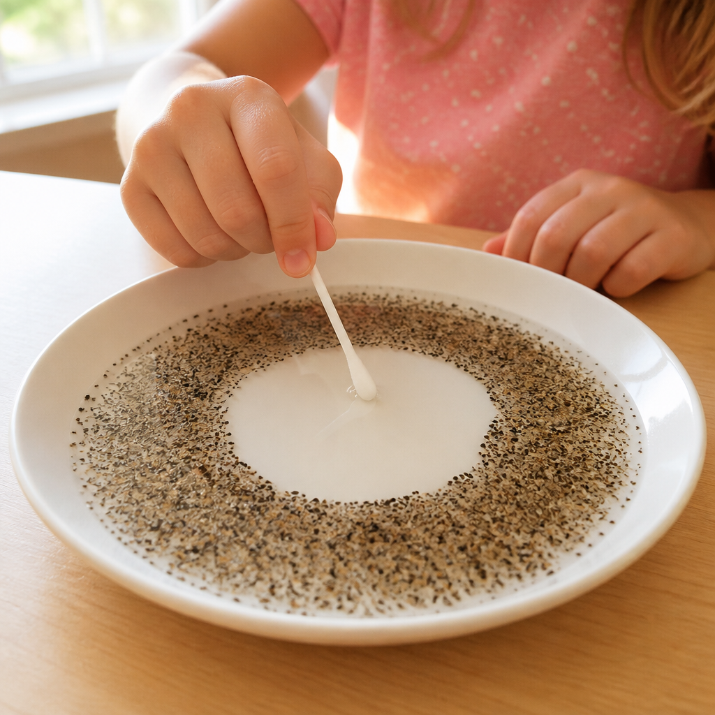 Surface Tension Powered Pepper Scatter Race — Science Experiments activity for ages 4–8 years (indoor, 15 min)