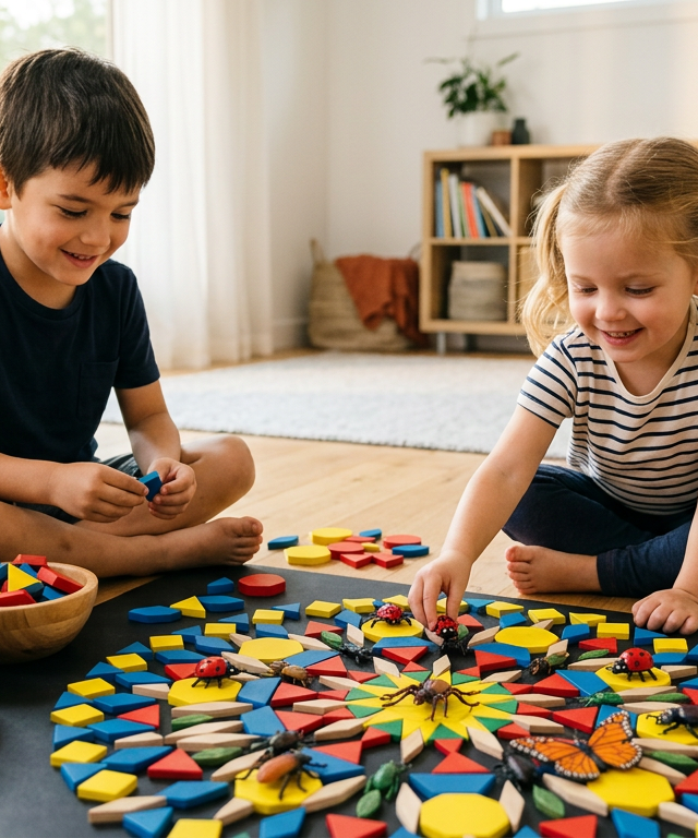 Symmetrical Bug Hunt Pattern Block Mandalas — Numbers & Math activity for ages 3–8 years (indoor, 30 min)
