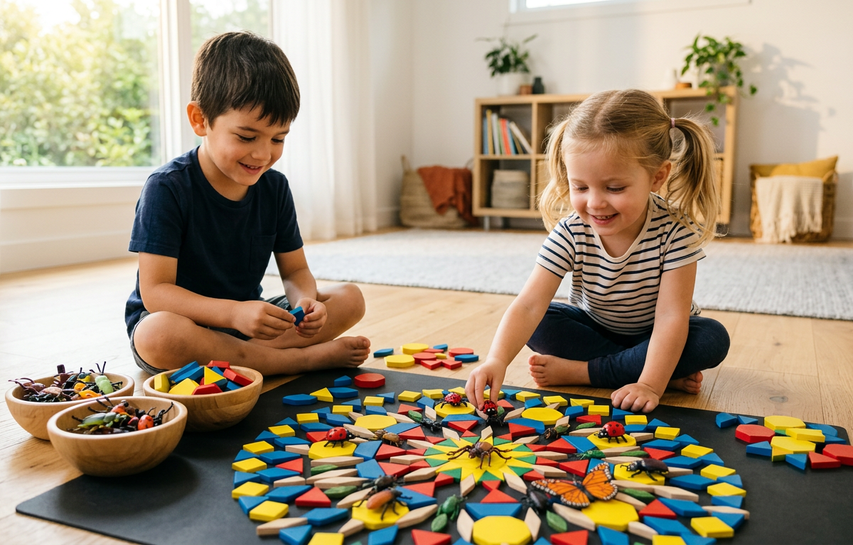 Symmetrical Bug Hunt Pattern Block Mandalas — Numbers & Math activity for ages 3–8 years (indoor, 30 min)