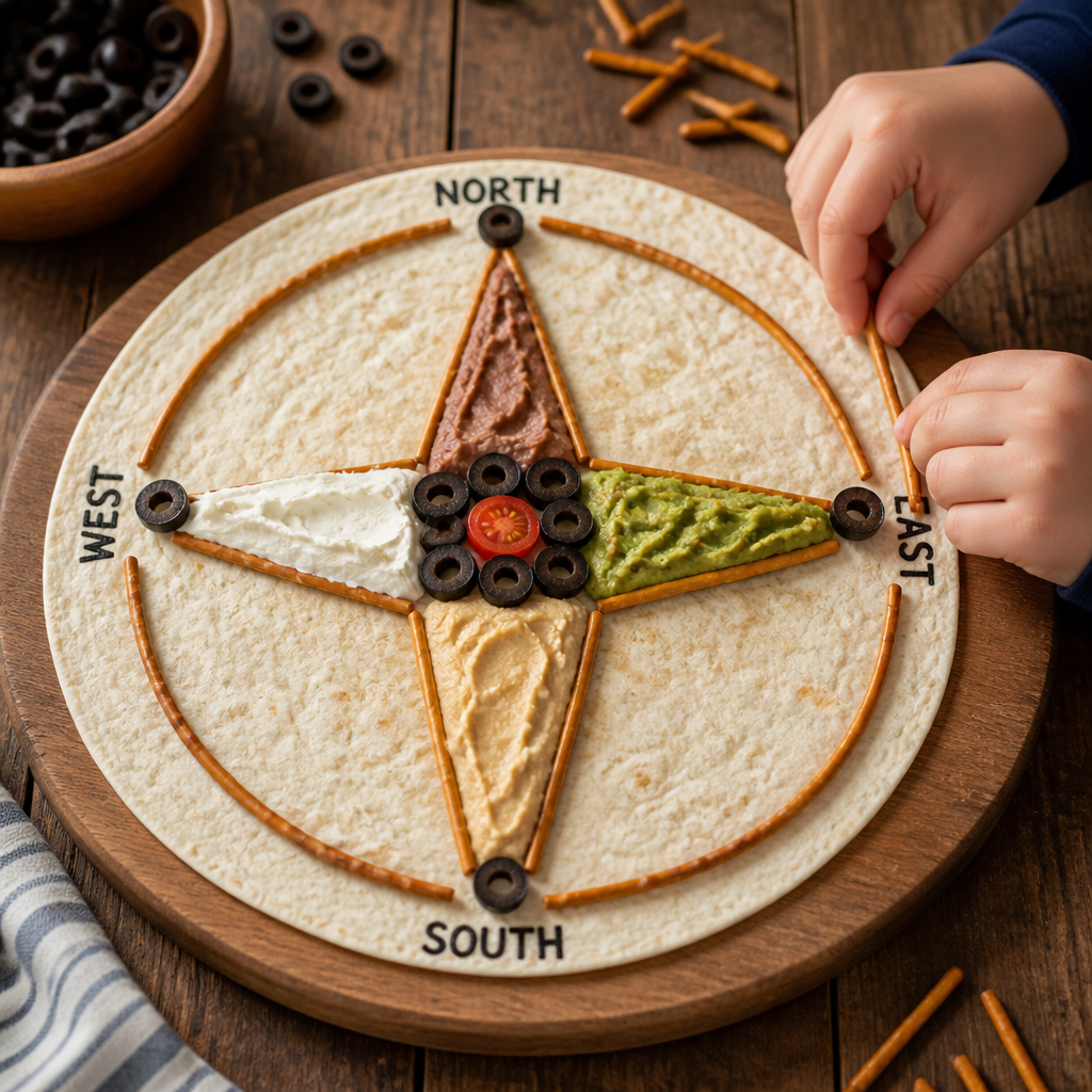 Tortilla Compass Rose with Savory Spreads — Cooking & Baking activity for ages 5–9 years (indoor, 20 min)