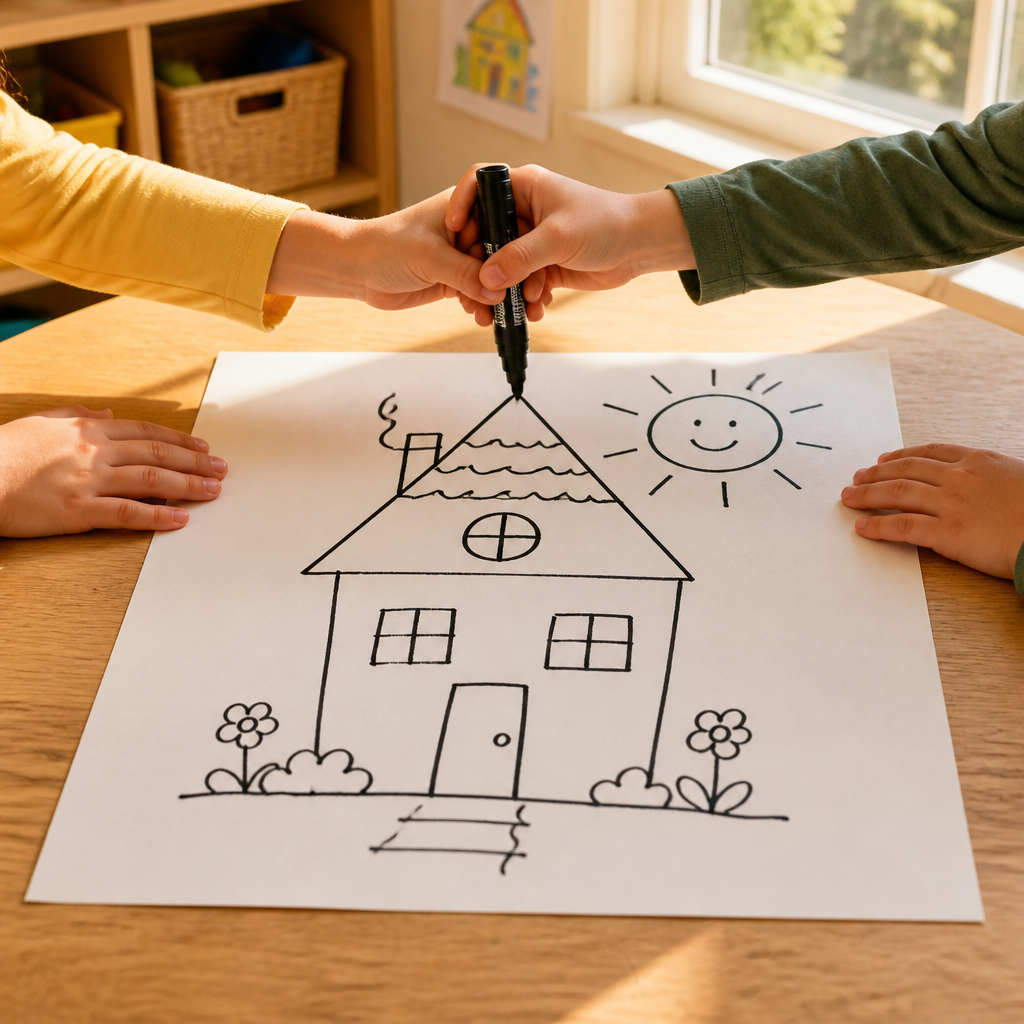 Two-Headed Artist Collaborative Drawing Game — Arts & Crafts activity for ages 5–10 years (indoor, 20 min)