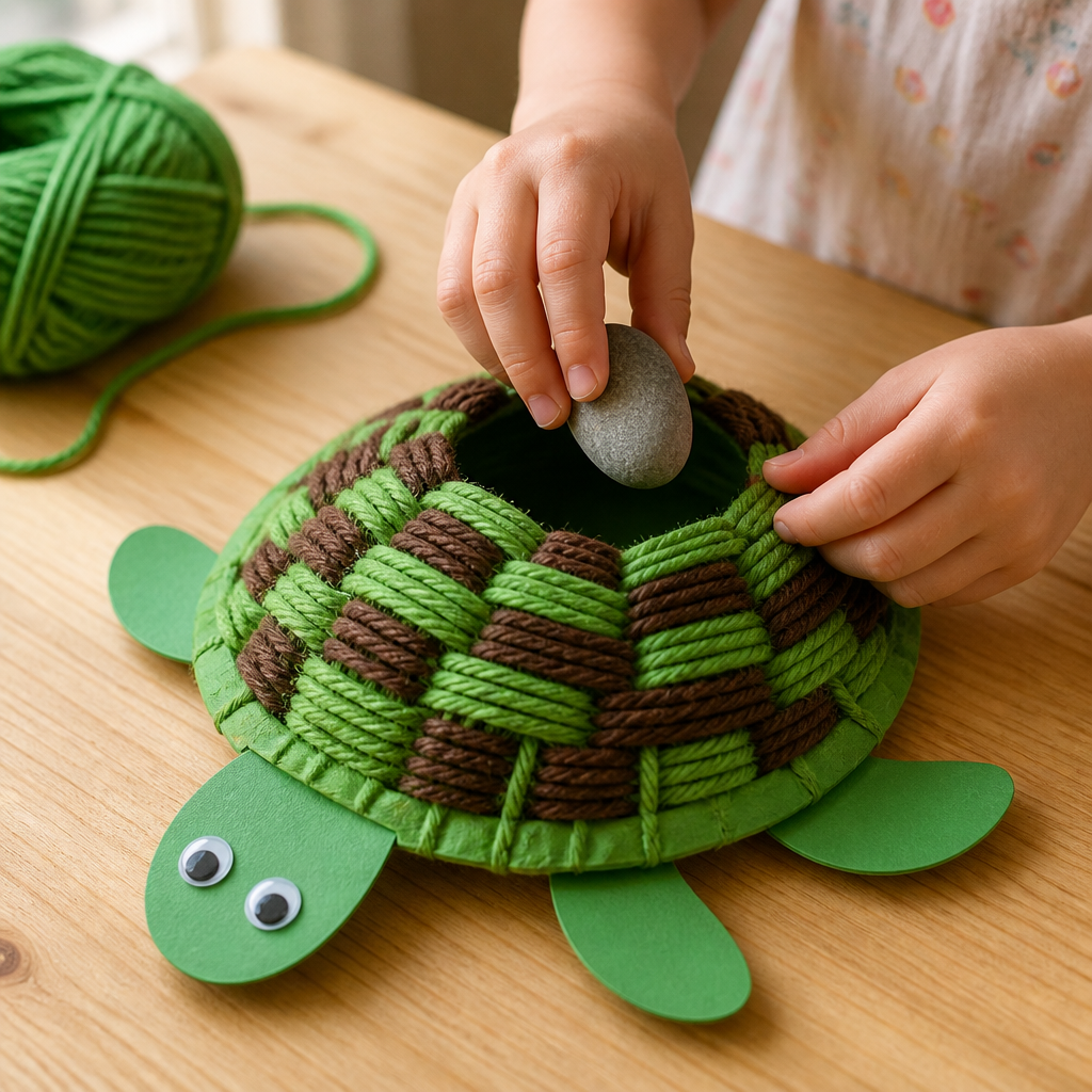 Woven Paper Plate Turtle Shell Pouch — Arts & Crafts activity for ages 6–9 years (indoor, 60 min)