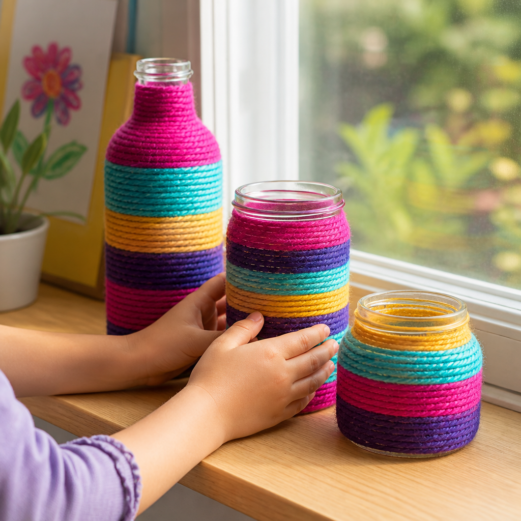 Yarn-Wrapped Bottle and Jar Still Life Collection — Arts & Crafts activity for ages 6–10 years (indoor, 90 min)
